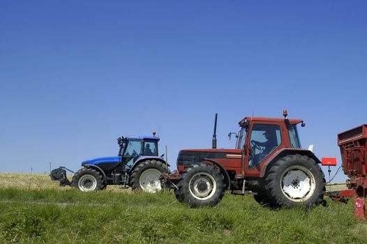 the harvest of colza with machines like a reaping-machine threshing-machine and tractor