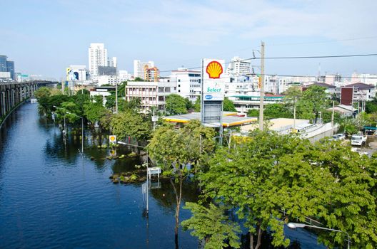 BANGKOK THAILAND – NOVEMBER 13: Scenes The Siam Commercial Bank, Limited  in Bangkok during its worst flooding in decades is a major disaster on November 13, 2011  in Bangkok, Thailand.