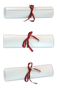 three diplomas with red ribbon isolated on white background with clipping paths three shuts image