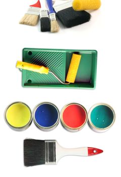 four color cans with paint brushes and paint roll totaly isolated on white background hardware tools