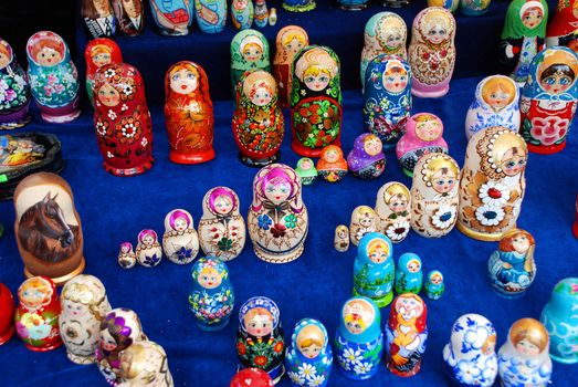 Matryoshka dolls on display in numerous colours, sizes and designs