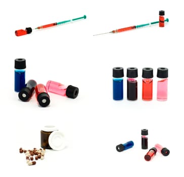Set of vials, pills and syringe