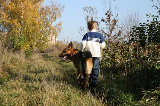 Little boy on the walk with the big, obedient dog (German Shepherd ) on suburb of the city.