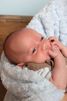 Beautiful newborn baby boy cuddled on a soft blanket