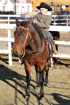 Young horse rider climbing of his horse