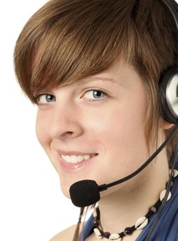 young woman with a headset smilling