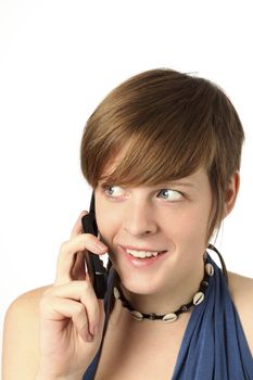 young woman with cell phone listening