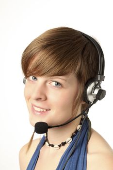young woman with a headset smilling