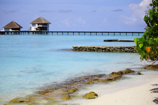 resort maldivian houses in blue sea