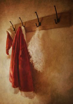 Digital painting of santa costume hanging on coat hook