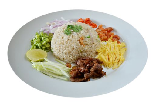 Mixed cooked rice with shrimp paste sauce and fresh vegetable