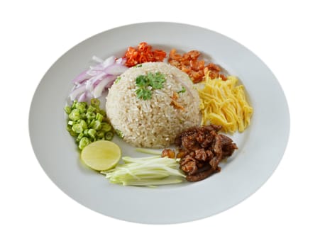 Mixed cooked rice with shrimp paste sauce and fresh vegetable