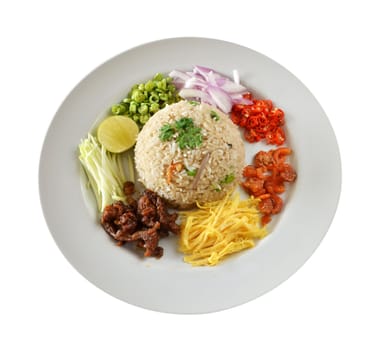 Mixed cooked rice with shrimp paste sauce and fresh vegetable