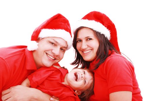 Happiness family in christmas hat isolated on white