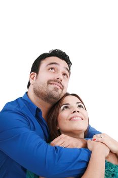 Closeup portrait of a happy couple looking at something interesting