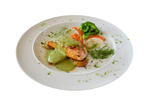 roasted salmon served with green sauce 