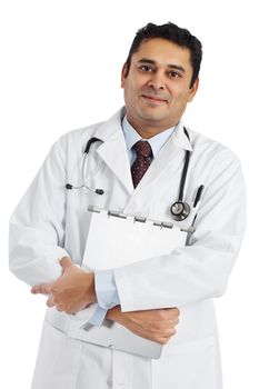 Photo of a Indian doctor in his late thirties smiling and holding a medical file. Isolated on white.