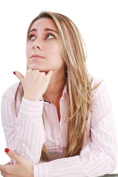 Pensive businesswoman at desk isolated on white background