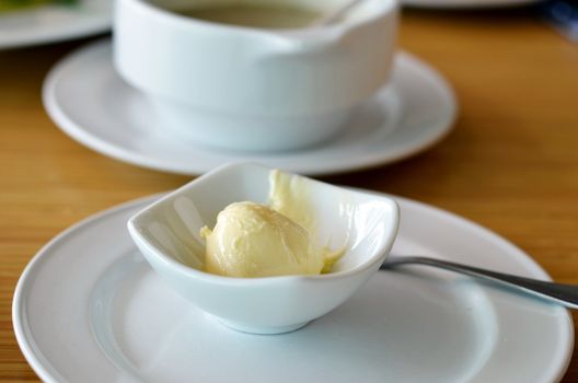 Cottage cheese in white bowl 