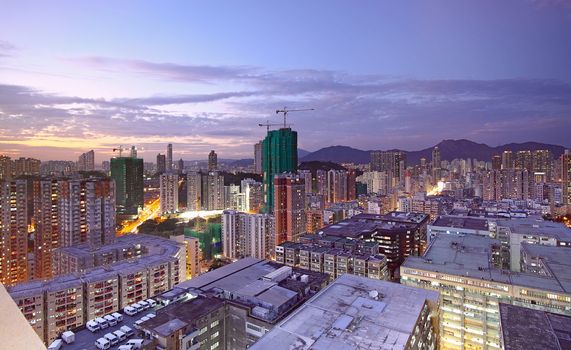 sunset in downtown area, hong kong