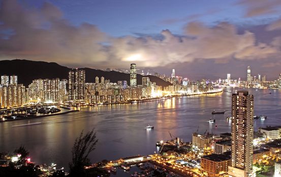 Hong Kong at night and modern buildings
