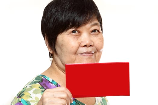 Asian woman holding a red card