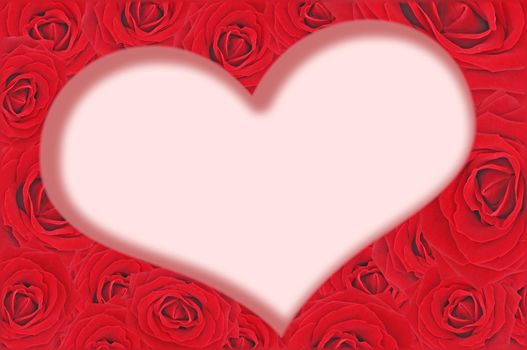 Red roses background, shape of heart inside