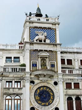The clock tower in St. Mark's Square in Venice.
