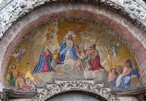 A mosaic of Jesus and the Cross on St. Mark's Basilica in Venice, Italy.
