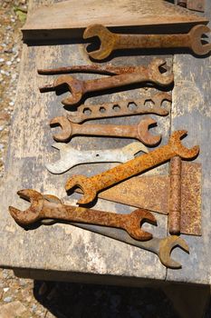 Table filled with old rusted wrenches.