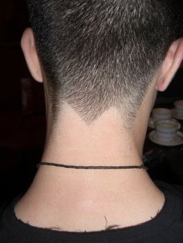 young man with unusual hairstyling, photo taken from behind