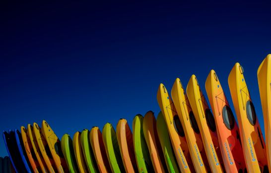 Colorful Kayaks lined up in Honeymoon Island, Floroda.