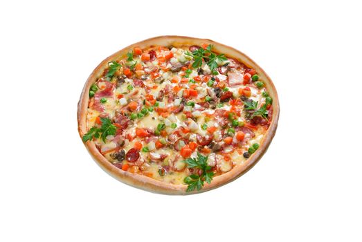 This is a tasty pizza
round pizza isolated on white background