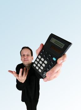 Adult man in black suit with calculator in hand on white background