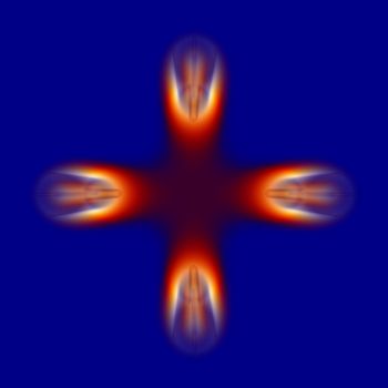 Venus Delight is an abstract fractal representation named for the Roman Goddess of Love. It is isolated on a blue background. 
