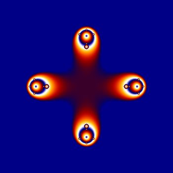 Retro Eyeball Chandelier is an abstract capture of a fractal that looks like bullseye colored eyeballs that appear to be the parts of a chandelier if you were looking straight up at it. It is isolated on a blue blackground.
