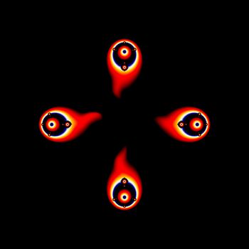 Eyeball Shooting Stars is an abstract fractal that appears to be bullseye colored eyeballs shooting with flames for tails on a black background.
