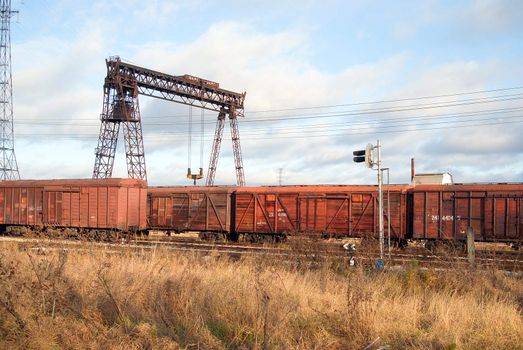 Rail cars on a railroad station.abandoned Cargo station 