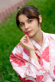 Girl in a pink yukata in the park
