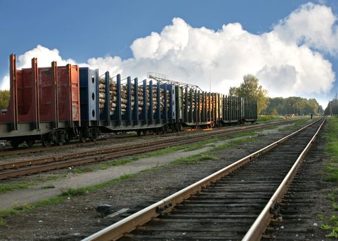 Wagon with the wood, expecting in a warehouse of transit