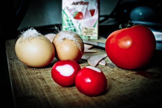 eggs, tomatoes, radish and milk for delicious omelette