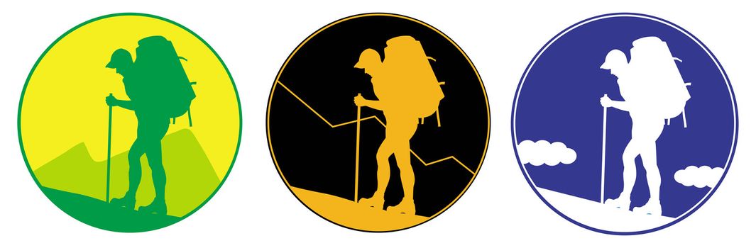 Emblem with silhouette  of Man with a backpack going up the hill. mountains in the background.