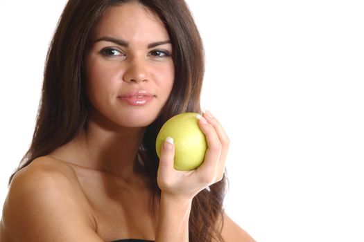 woman hold apple in hands isolated on white