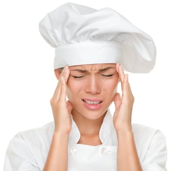 Chef headache and stress at work. Woman baker, chef or cook tired stressed and overworked with stress. Closeup of Asian Caucasian female isolated on white background.