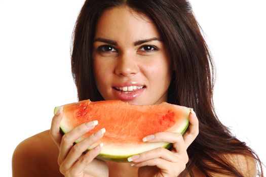 woman hold watermelon in hands isolated on white