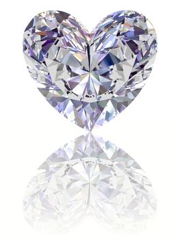 Diamond in shape of heart on glossy white background. High resolution 3D render with reflections
