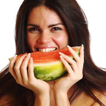  woman hold watermelon in hands isolated on white