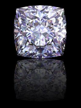 Square diamond on glossy black background. High resolution 3D render with reflections