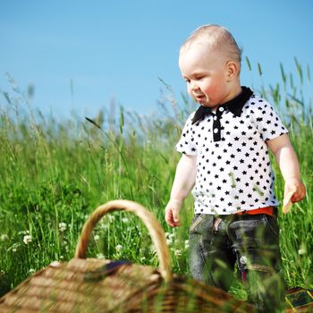  picnic on green grass boy and basket