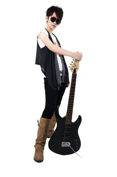 Punk Rockstar holding a guitar isolated in white